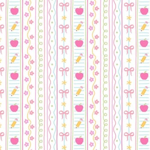 May include: A repeating pattern featuring vertical stripes with school-themed illustrations. Pink apples, yellow pencils, and pink bows alternate with floral and dotted designs on a white background. The color palette includes pink, yellow, green, and blue.