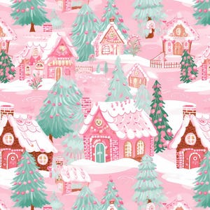Dreamy Pink Christmas House Pattern Pure cotton Fabric| 100% Cotton  Fabric By Half Yard