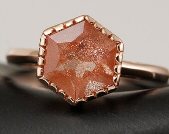 Oregon Sunstone ring with Schiller 8mm hexagon faceted 14k rose gold, minimalistic design