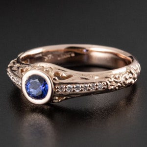 Sapphire ring, rose gold,Filigree scroll ring with blue sapphire with diamonds. image 1