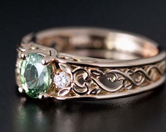 Oval Green Sapphire Ring: 14k Rose Gold, Diamond Leaf Scroll Design