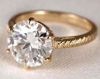 solitaire gold ring 10 mm round moissanite 6 prong 14k yellow gold