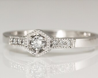 Hexagon shape with natural diamonds 14k white gold ring