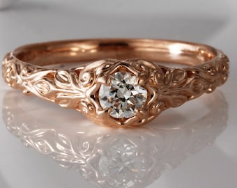 Diamond engagement ring, floral design, 14k rose gold, 0.31 carat natural diamond