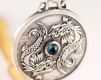 Sterling Silver Koi Fish Necklace with Natural Green Tourmaline Cabochon