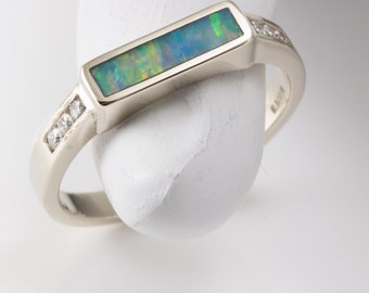 Opal ring, Australian opal inlay multicolor, 14k white gold with natural diamonds.