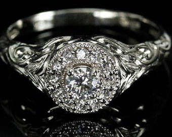 Vintage Style Diamond Halo Ring: 14k Weißgold Filigree