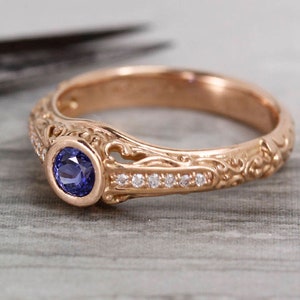 Sapphire ring, rose gold,Filigree scroll ring with blue sapphire with diamonds. image 2