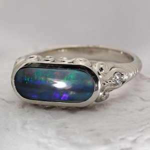 Australian Black Opal Ring: 14k White Gold, Diamond Accents, Hand Engraved