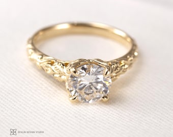 Solitaire Ring 14k yellow gold, Moissanite 7.5mm scroll and leafs hand engraved sculpted.