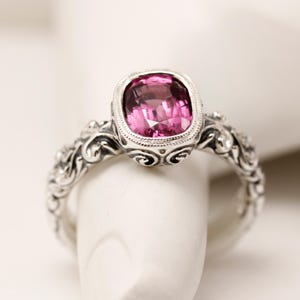 Rhodolite Garnet Ring: Sterling Silver, Bezel Set, Hand Engraved