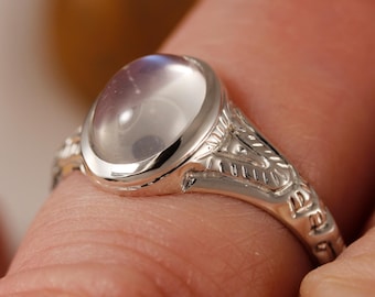 Moonstone ring sterling silver, hand engraved, 9x7mm oval cabochon
