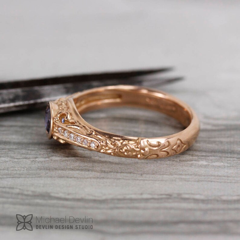 Sapphire ring, rose gold,Filigree scroll ring with blue sapphire with diamonds. image 5