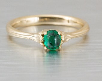 Natural Emerald Ring, 14K Yellow Gold Leaf Accent Ring, Oval Cabochon Gemstone, Nature Inspired