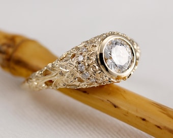 Hand Engraved 14k Gold Lab Diamond Engagement Ring - Vintage Scroll Bezel Ring