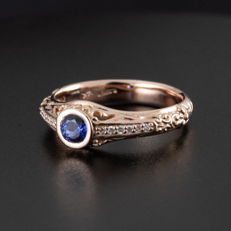 Sapphire ring, rose gold,Filigree scroll ring with blue sapphire with diamonds. image 1