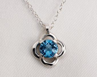 Blue Topaz Floral Pendant Necklace, 7mm Checkerboard Cut, Sterling Silver Cable Chain