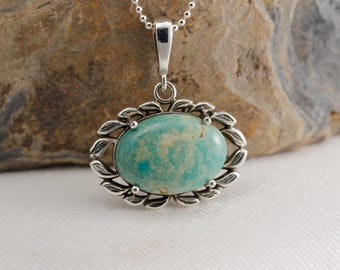 Handcrafted Kingman Turquoise Leaf Pendant in Oxidized Sterling Silver