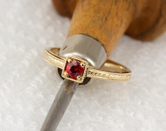 Artisan 14K Gold Ruby Ring, Hand-Engraved Shank & Milgrain Detail
