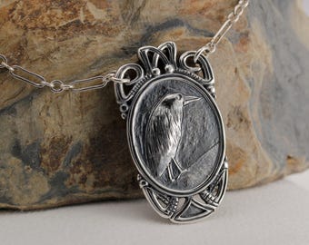 Hand-Engraved Sterling Silver Heron Pendant, Oxidized Wildlife Necklace (19x33mm)