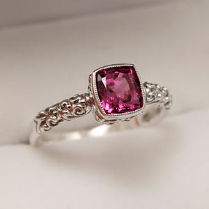 Rhodolite Garnet Sterling Silver Ring: Cushion Cut, Scrollwork, Size 6 3/4