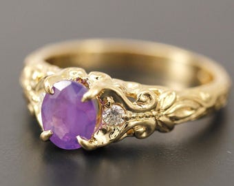 Hand Engraved 14k Gold Purple Sapphire Ring: Leaf Scroll Design