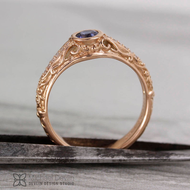 Sapphire ring, rose gold,Filigree scroll ring with blue sapphire with diamonds. image 7