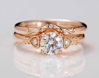 Moissanite Engagement Ring Set: 14k Rose Gold with Leaf Accents