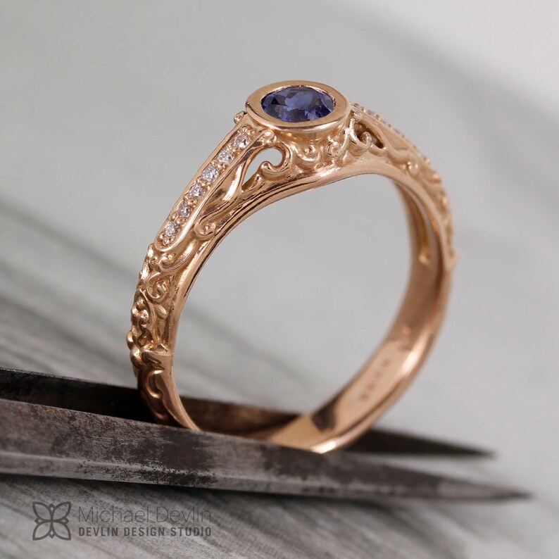 Sapphire ring, rose gold,Filigree scroll ring with blue sapphire with diamonds. image 8