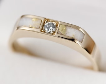 Mens ring 14k gold with natural diamond and  gold  quartz inlay.