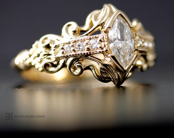 Calla Lily Marquise Lab Diamond 14k Gold Ring: Floral Scroll Design