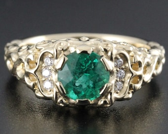 Emerald sculpted scroll ring, 18k, Brazilian Emerald 0.95 carat round, natural diamond accents