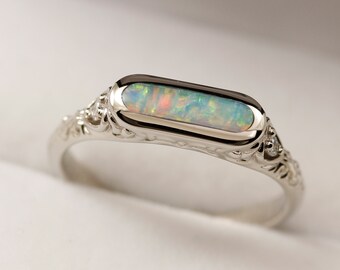Australian Opal Inlay Ring: 14k White Gold Diamond Accents, Vintage Style