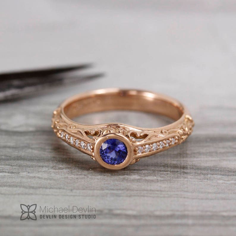 Sapphire ring, rose gold,Filigree scroll ring with blue sapphire with diamonds. image 4