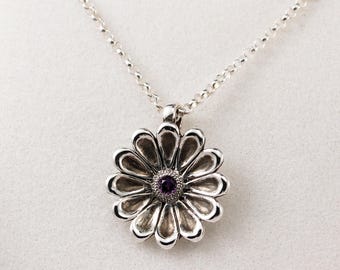 Oxidized Sterling Silver Amethyst Daisy Pendant Necklace, 18" Rolo Chain