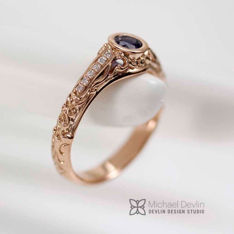 Sapphire ring, rose gold,Filigree scroll ring with blue sapphire with diamonds. image 3