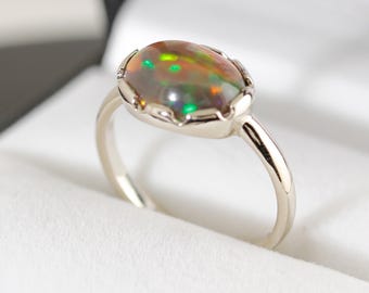 Welo Black Opal Ring: 14k White Gold Scalloped Bezel, Size 6 1/2