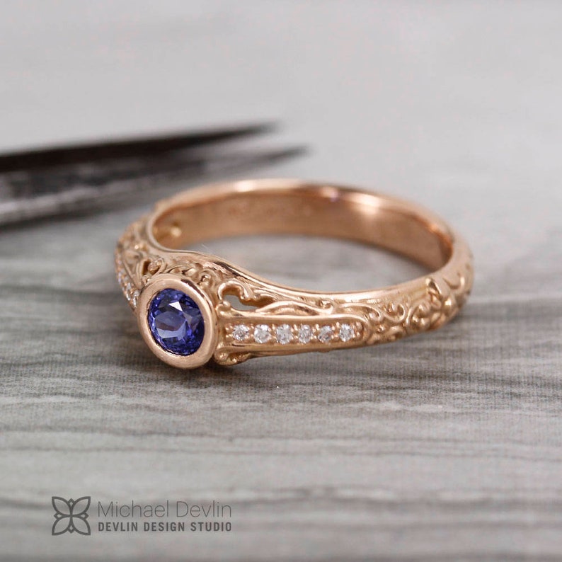 Sapphire ring, rose gold,Filigree scroll ring with blue sapphire with diamonds. image 2