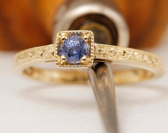 Hand Engraved 14k Yellow Gold Sapphire Ring: Milgrain Detail