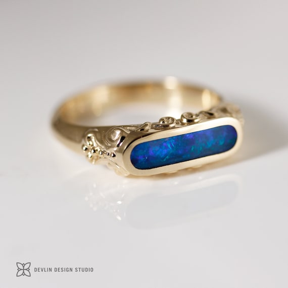 Australian Black Opal Ring Inlay Opal With Detailed Scroll Etsy