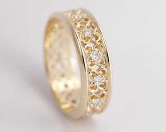 Vintage Inspired 14K Gold Open-Work Diamond Eternity Wedding Band