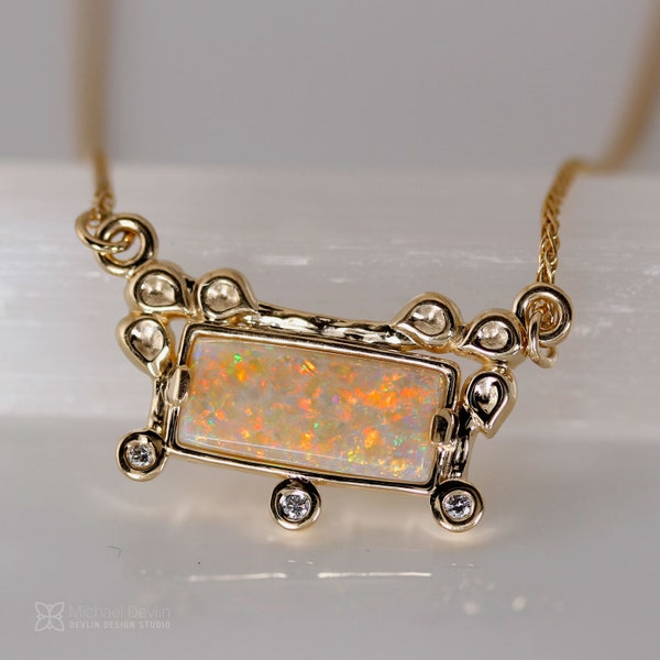 Opal Bar Necklace, 14ky w/chain, diamond & leaf accents