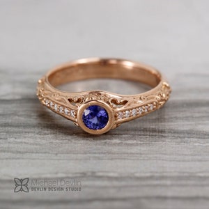Sapphire ring, rose gold,Filigree scroll ring with blue sapphire with diamonds. image 9