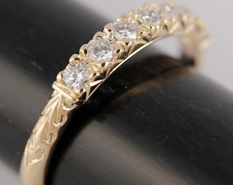 Hand Engraved 14k Yellow Gold Diamond Anniversary Band, French Cut Wedding Ring