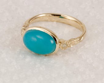 Hand-Engraved Gem Silica Chrysocolla & Diamond Ring in 14k Gold