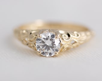 14k Yellow Gold Filigree Engagement Ring, 0.68 CT Round Lab Diamond, Vintage Style Solitaire