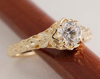 14K Yellow Gold Filigree Engagement Ring, Lab Grown Diamond, Nature Inspired Solitaire