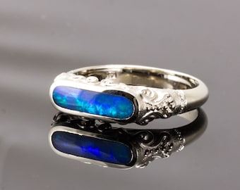 Australian crystal opal ring, blue green inlay opal with detailed scroll design, 14k white gold
