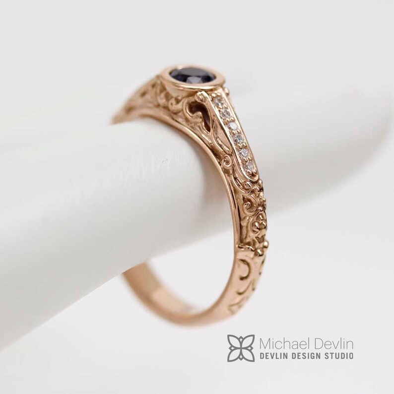 Sapphire ring, rose gold,Filigree scroll ring with blue sapphire with diamonds. image 10