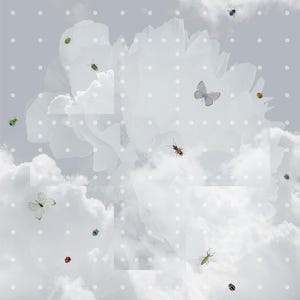 May include: An artistic digital illustration featuring a large, abstract white flower shape against a cloudy gray background. Various insects and butterflies are scattered throughout the scene, with a dotted grid overlay.